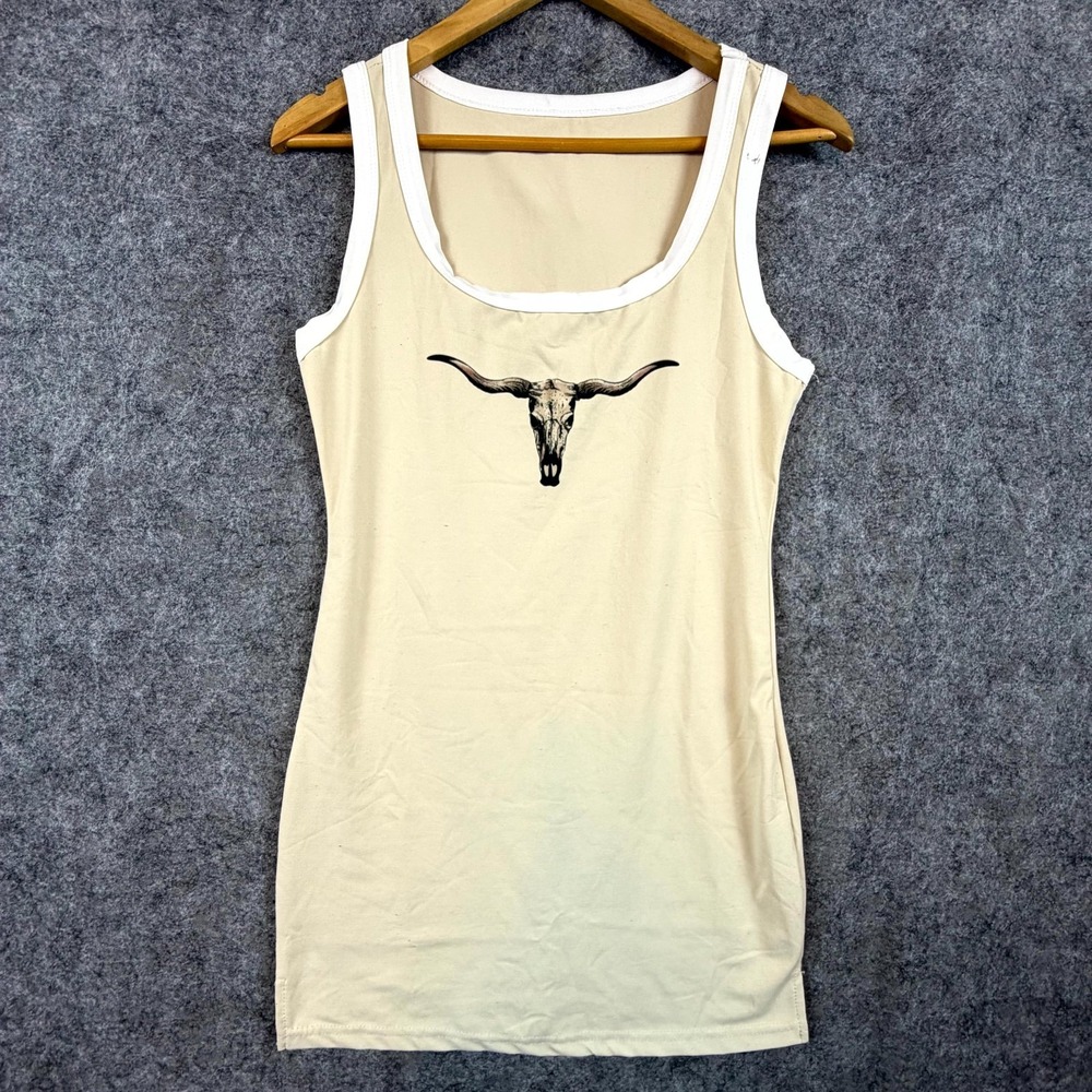 Musera Mini Dress Womens Medium Tan Markhor Cow Skull Cowgirl Casual Square Neck